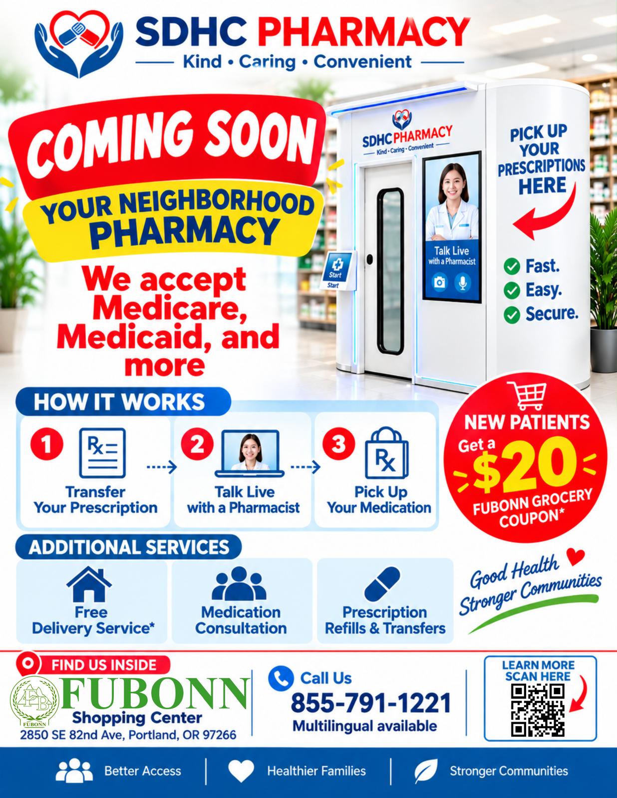 SDHC Pharmacy coming soon at Fubonn Shopping Center with prescription pickup and free delivery services